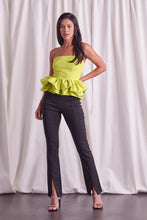 Load image into Gallery viewer, Our Come Close To Me Off Shoulder Ruffle Corset Top, has a blend of effortless charm and intricate weaving that adds a touch of elegance to your wardrobe. This corset-style strapless top features an alluring off-shoulder design with ruffle detailing and is meticulously woven to create a unique and visually captivating piece. Complete the look with strappy heels and accessories for a flawless and confident appearance.
