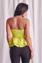 Load image into Gallery viewer, Our Come Close To Me Off Shoulder Ruffle Corset Top, has a blend of effortless charm and intricate weaving that adds a touch of elegance to your wardrobe. This corset-style strapless top features an alluring off-shoulder design with ruffle detailing and is meticulously woven to create a unique and visually captivating piece. Complete the look with strappy heels and accessories for a flawless and confident appearance.
