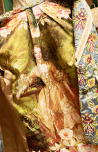 Load image into Gallery viewer, This statement Aratta Renaissance Silk Jacquard Blazer is a must-have! This unique blazer will be in style every season. Perfect for giving your look boss vibes, this feminine elegant blazer features a V neckline, floral Jacquard silk material and metallic gold trim around the collar and pockets. Also, the inside of the blazer has a stunning unique Francois Boucher& Madame De Pompadour print satin lining. Giving you a relaxed fit and slightly cropped finish complete this must-have style.