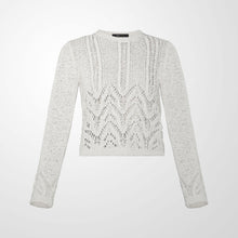 Load image into Gallery viewer, This BCBGMAXAZRIA knit sweater is perfect for any day! The fabric is spun from a soft cotton blend to create luxurious texture and dimension, this mixed-stitch crewneck sweater features a distinctive chevron pattern. Pair this with a pair of black jeans for the perfect weekend look.