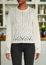 Load image into Gallery viewer, This BCBGMAXAZRIA knit sweater is perfect for any day! The fabric is spun from a soft cotton blend to create luxurious texture and dimension, this mixed-stitch crewneck sweater features a distinctive chevron pattern. Pair this with a pair of black jeans for the perfect weekend look.