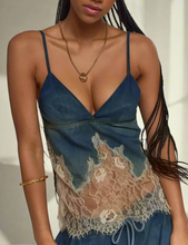 Load image into Gallery viewer, These Celine Lace Patchwork Denim set are expertly crafted with intricate lace detailing, adding a touch of elegance to your wardrobe. Made with high-quality materials, these shorts provide both style and comfort. Perfect for any occasion, these unique pants are a must-have for any fashionista! Pair with heels, and your gold accessories