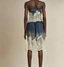 Load image into Gallery viewer, These Celine Lace Patchwork Denim set are expertly crafted with intricate lace detailing, adding a touch of elegance to your wardrobe. Made with high-quality materials, these shorts provide both style and comfort. Perfect for any occasion, these unique pants are a must-have for any fashionista! Pair with heels, and your gold accessories