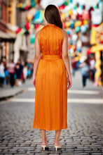 Load image into Gallery viewer, This Summer Lucy Paris dress is made with love for nice sunny days! This is a statement making dress, it has a soft satin feel fabric. Our Lucy Paris sleeveless dress featuring a round neck button collar, with an open back sexy detail, the belt gives it a cute feminine look. You will be sure to turn heads throughout your day at any event. Pair with heels, and your gold accessories.