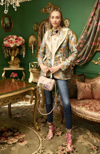 Load image into Gallery viewer, This statement Aratta Renaissance Silk Jacquard Blazer is a must-have! This unique blazer will be in style every season. Perfect for giving your look boss vibes, this feminine elegant blazer features a V neckline, floral Jacquard silk material and metallic gold trim around the collar and pockets. Also, the inside of the blazer has a stunning unique Francois Boucher& Madame De Pompadour print satin lining. Giving you a relaxed fit and slightly cropped finish complete this must-have style.
