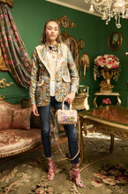 Load image into Gallery viewer, This statement Aratta Renaissance Silk Jacquard Blazer is a must-have! This unique blazer will be in style every season. Perfect for giving your look boss vibes, this feminine elegant blazer features a V neckline, floral Jacquard silk material and metallic gold trim around the collar and pockets. Also, the inside of the blazer has a stunning unique Francois Boucher& Madame De Pompadour print satin lining. Giving you a relaxed fit and slightly cropped finish complete this must-have style.