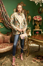 Load image into Gallery viewer, This statement Aratta Renaissance Silk Jacquard Blazer is a must-have! This unique blazer will be in style every season. Perfect for giving your look boss vibes, this feminine elegant blazer features a V neckline, floral Jacquard silk material and metallic gold trim around the collar and pockets. Also, the inside of the blazer has a stunning unique Francois Boucher& Madame De Pompadour print satin lining. Giving you a relaxed fit and slightly cropped finish complete this must-have style.