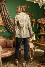 Load image into Gallery viewer, This statement Aratta Renaissance Silk Jacquard Blazer is a must-have! This unique blazer will be in style every season. Perfect for giving your look boss vibes, this feminine elegant blazer features a V neckline, floral Jacquard silk material and metallic gold trim around the collar and pockets. Also, the inside of the blazer has a stunning unique Francois Boucher& Madame De Pompadour print satin lining. Giving you a relaxed fit and slightly cropped finish complete this must-have style.