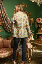 Load image into Gallery viewer, This statement Aratta Renaissance Silk Jacquard Blazer is a must-have! This unique blazer will be in style every season. Perfect for giving your look boss vibes, this feminine elegant blazer features a V neckline, floral Jacquard silk material and metallic gold trim around the collar and pockets. Also, the inside of the blazer has a stunning unique Francois Boucher& Madame De Pompadour print satin lining. Giving you a relaxed fit and slightly cropped finish complete this must-have style.