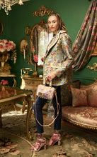 Load image into Gallery viewer, This statement Aratta Renaissance Silk Jacquard Blazer is a must-have! This unique blazer will be in style every season. Perfect for giving your look boss vibes, this feminine elegant blazer features a V neckline, floral Jacquard silk material and metallic gold trim around the collar and pockets. Also, the inside of the blazer has a stunning unique Francois Boucher& Madame De Pompadour print satin lining. Giving you a relaxed fit and slightly cropped finish complete this must-have style.