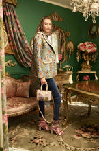 Load image into Gallery viewer, This statement Aratta Renaissance Silk Jacquard Blazer is a must-have! This unique blazer will be in style every season. Perfect for giving your look boss vibes, this feminine elegant blazer features a V neckline, floral Jacquard silk material and metallic gold trim around the collar and pockets. Also, the inside of the blazer has a stunning unique Francois Boucher& Madame De Pompadour print satin lining. Giving you a relaxed fit and slightly cropped finish complete this must-have style.