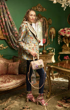 Load image into Gallery viewer, This statement Aratta Renaissance Silk Jacquard Blazer is a must-have! This unique blazer will be in style every season. Perfect for giving your look boss vibes, this feminine elegant blazer features a V neckline, floral Jacquard silk material and metallic gold trim around the collar and pockets. Also, the inside of the blazer has a stunning unique Francois Boucher& Madame De Pompadour print satin lining. Giving you a relaxed fit and slightly cropped finish complete this must-have style.
