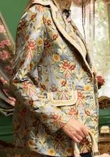 Load image into Gallery viewer, This statement Aratta Renaissance Silk Jacquard Blazer is a must-have! This unique blazer will be in style every season. Perfect for giving your look boss vibes, this feminine elegant blazer features a V neckline, floral Jacquard silk material and metallic gold trim around the collar and pockets. Also, the inside of the blazer has a stunning unique Francois Boucher& Madame De Pompadour print satin lining. Giving you a relaxed fit and slightly cropped finish complete this must-have style.
