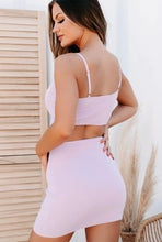 Load image into Gallery viewer, Bring all the chic vibes to your everyday look with this lavender woven cut out split detail bodycon dress. Whether you have a party to attend or a date night with bae, this bodycon dress is the answer to all your what-to-wear dilemmas. With a turquoise woven material, a v neckline, a cut-out designs and two thin adjustable straps for comfort, how could you say no? Style effortlessly with chunky clear heels and your fave accessories for a look that everyone will want.