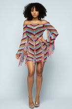 Load image into Gallery viewer, We are obsessed! A pretty and feminine multi color crochet dress is right for any girl who's up for a fun night out! Great to wear at any party day or night, or a date night with your man. This ultra feminine off the shoulder dress comes in a mini length with fringe details. Pair with a classy high heel and mini bag for a look that is guaranteed to have all eyes on you!