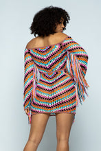 Load image into Gallery viewer, We are obsessed! A pretty and feminine multi color crochet dress is right for any girl who's up for a fun night out! Great to wear at any party day or night, or a date night with your man. This ultra feminine off the shoulder dress comes in a mini length with fringe details. Pair with a classy high heel and mini bag for a look that is guaranteed to have all eyes on you!