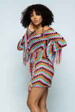 Load image into Gallery viewer, We are obsessed! A pretty and feminine multi color crochet dress is right for any girl who's up for a fun night out! Great to wear at any party day or night, or a date night with your man. This ultra feminine off the shoulder dress comes in a mini length with fringe details. Pair with a classy high heel and mini bag for a look that is guaranteed to have all eyes on you!