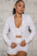 Load image into Gallery viewer, Feel pretty boss babe with this cropped blazer doll. Featuring a pink and ivory tweed material with gold button fastening, crop bustier top, and midrise shorts with gold button detailing we&#39;re in love. Style it with the matching skirt and pink heels for a sweet but smart look.

