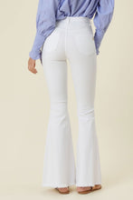 Load image into Gallery viewer, Make a fashion statement in our Vibrant M.i.U High Waisted Flare White Jeans. This jean comes in an extreme flare fit featuring two back patch pockets, faux front pockets, light frayed bottom hem, and a zip-fly closure. Style these jeans with a statement top and a high heel for a look that will have everyone talking.
