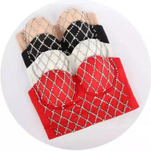 Load image into Gallery viewer, Do the most in this trendy crystal bustier crop top! This beautiful rhinestone-embellished bustier bra features a rhinestone detailed pattern, sweetheart neckline, adjustable, detachable shoulder straps, a row of hidden hook back closures, and built-in padded bra.