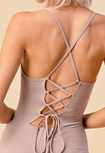 Load image into Gallery viewer, Fit for every season! Comfort never looked so sexy. All tied up Desert Taupe jumpsuit is made from flexible, soft, and stretchy cotton material and features a spaghetti strap, Pair this catsuit with stylish high heels and handbag for a complete look.