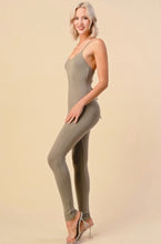 Load image into Gallery viewer, Fit for every season! Comfort never looked so sexy. All tied up Fade Olive jumpsuit is made from flexible, soft, and stretchy cotton material and features a spaghetti strap, Pair this catsuit with stylish high heels and handbag for a complete look.