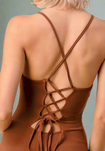 Load image into Gallery viewer, Fit for every season! Comfort never looked so sexy. All tied up Chocolate jumpsuit is made from flexible, soft, and stretchy cotton material and features a spaghetti strap, Pair this catsuit with stylish high heels and handbag for a complete look.
