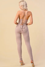 Load image into Gallery viewer, Fit for every season! Comfort never looked so sexy. All tied up Desert Taupe jumpsuit is made from flexible, soft, and stretchy cotton material and features a spaghetti strap, Pair this catsuit with stylish high heels and handbag for a complete look.