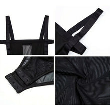 Load image into Gallery viewer, Bad Gyal Riri Bodysuit- Black We're bringing you the ultimate sheer mesh cut out bodysuit! Perfect for building your favorite looks all year round. This bodysuit comes in a luxurious sheer fabric with satin ribbon straps featuring a plunging square neckline sexy cut out back and snap seat closure. Made of materials that allow great stretch and breathable fabric. Style it with a blazer and jeans or one of our sexy pleated skirts matching high waist legging and heels to create a casual-chic look.