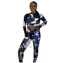 Load image into Gallery viewer, Our black bad ting two piece yoga set is made with colorful seamless fabrics that are soft and stretch effortlessly with your movements, easy to pull-on and very comfortable to wear. Yoga set comes with a long sleeve crop top with thumb holes, leggings with a elastic waist band drawstring detail. Pair this cute yoga set with some sneakers and yoga mat.