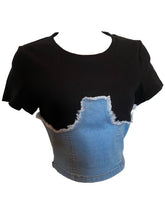 Load image into Gallery viewer, Too hot to handle, this sexy but stylish Denim Corset Knit Top is a soft and stretchy cropped t-shirt complete with a crew neckline, a back zip, short sleeves, and a denim corset overlay. With this top, you can dress up or down any outfit. Style this cute tee with a miniskirt, a pair of thigh high boots and don’t forget a patchwork denim purse.
