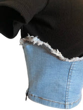 Load image into Gallery viewer, Too hot to handle, this sexy but stylish Denim Corset Knit Top is a soft and stretchy cropped t-shirt complete with a crew neckline, a back zip, short sleeves, and a denim corset overlay. With this top, you can dress up or down any outfit. Style this cute tee with a miniskirt, a pair of thigh high boots and don’t forget a patchwork denim purse.