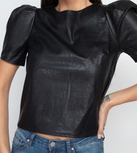 Load image into Gallery viewer, Add a edgy attitude to your weekend wardrobe with this cute knitted top. This top is featured with a soft buttery faux leather, round neckline and short sleeves. Style this top with light washed jeans high heels boots for a head-turning combo.
