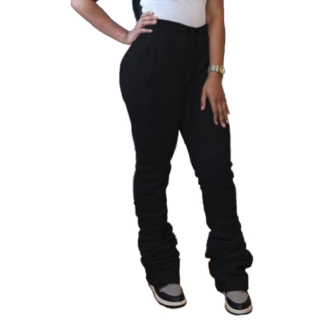 High Waisted Stacked Sweatpants - Black  Upgrade your casual look this season with these stacked sweatpants. These sweatpants come different colors. Featuring elastic waist band and two deep side pockets, drawstring for a comfortable stretch. You can style with a simple bodysuit or T- Shirt to complete the look.  Stacked Pants  Comfort Stretch Drawstring High Rise 2 Deep Side Pockets Elastic Waist Available In Black, Heather Grey, Army Green, Dark gray Sizes Available: S, M, L, XL