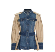 Load image into Gallery viewer, This bold statement-making denim jacket belongs in your closet this season! We're in love with this sexy and sophisticated jacket features round neck collar with raw cut details. soft tan fabric, accent brown buttons at the top shoulders, long sleeves along. This jacket is easy to style and made of very lightweight material. Pair this with tan faux leather pants or jeans, a fabulous top and stylish heels, for any of your favorite fall looks!