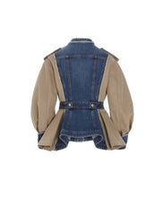 Load image into Gallery viewer, This bold statement-making denim jacket belongs in your closet this season! We're in love with this sexy and sophisticated jacket features round neck collar with raw cut details. soft beige fabric, accent brown buttons at the top shoulders, long sleeves along. This jacket is easy to style and made of very lightweight material. Pair this with tan faux leather pants or jeans, a fabulous top and stylish heels, for any of your favorite fall looks!