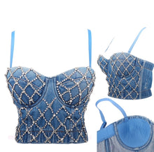 Load image into Gallery viewer, Do the most in this trendy blue jean crystal denim bustier crop top! This destructed beautiful rhinestone-embellished denim bustier bra features a rhinestone detailed pattern, sweetheart neckline, adjustable, detachable shoulder straps, a row of hidden hook back closures, and built-in padded bra.
