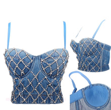Load image into Gallery viewer, Do the most in this trendy blue jean crystal denim bustier crop top! This destructed beautiful rhinestone-embellished denim bustier bra features a rhinestone detailed pattern, sweetheart neckline, adjustable, detachable shoulder straps, a row of hidden hook back closures, and built-in padded bra.