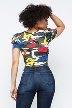 Load image into Gallery viewer, This cute and casual top can be dressed up or down depending on your mood. Complete the look by pairing the alpha camo crop top with jeans, a denim jacket, and white sneakers.