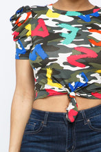 Load image into Gallery viewer, This cute and casual top can be dressed up or down depending on your mood. Complete the look by pairing the alpha camo crop top with jeans, a denim jacket, and white sneakers.