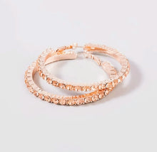 Load image into Gallery viewer, Add some sparkle and shine with these beautifully detailed champagne crystal hoop earrings. Featuring jeweled detailing on rose gold-tone setting, these earrings are perfect for all occasions.
