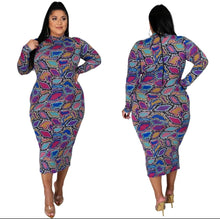 Load image into Gallery viewer, Slip into this super sexy dress for your next night out with the girls or date night! This dress hugs your body in all the right places. This sexy snake print long bodycon dress is versatile you can wear the zipper in the front or back. Style this dress with a black high heel and clutch for a complete look.