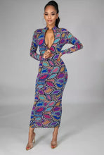 Load image into Gallery viewer, Slip into this super sexy dress for your next night out with the girls or date night! This dress hugs your body in all the right places. This sexy snake print long bodycon dress is versatile you can wear the zipper in the front or back. Style this dress with a black high heel and clutch for a complete look.