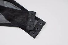 Load image into Gallery viewer, Reveal your inner edgy side and make a bold statement in this sexy black sheer mesh denim strip bodysuit. It's perfect for all women who love their bodies. Made from high quality black mesh with a denim patch made from vintage denim that covers the bust in all the right places.