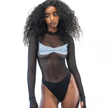Load image into Gallery viewer, Reveal your inner edgy side and make a bold statement in this sexy black sheer mesh denim strip bodysuit. It's perfect for all women who love their bodies. Made from high quality black mesh with a denim patch made from vintage denim that covers the bust in all the right places.