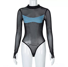 Load image into Gallery viewer, Reveal your inner edgy side and make a bold statement in this sexy black sheer mesh denim strip bodysuit. It's perfect for all women who love their bodies. Made from high quality black mesh with a denim patch made from vintage denim that covers the bust in all the right places.