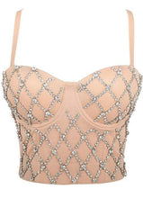 Load image into Gallery viewer, Do the most in this trendy crystal bustier crop top! This beautiful rhinestone-embellished bustier bra features a rhinestone detailed pattern, sweetheart neckline, adjustable, detachable shoulder straps, a row of hidden hook back closures, and built-in padded bra.