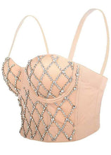 Load image into Gallery viewer, Do the most in this trendy crystal bustier crop top! This beautiful rhinestone-embellished bustier bra features a rhinestone detailed pattern, sweetheart neckline, adjustable, detachable shoulder straps, a row of hidden hook back closures, and built-in padded bra.