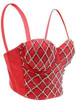 Load image into Gallery viewer, Do the most in this trendy crystal bustier crop top! This beautiful rhinestone-embellished bustier bra features a rhinestone detailed pattern, sweetheart neckline, adjustable, detachable shoulder straps, a row of hidden hook back closures, and built-in padded bra.