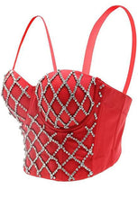 Load image into Gallery viewer, Do the most in this trendy crystal bustier crop top! This beautiful rhinestone-embellished bustier bra features a rhinestone detailed pattern, sweetheart neckline, adjustable, detachable shoulder straps, a row of hidden hook back closures, and built-in padded bra.